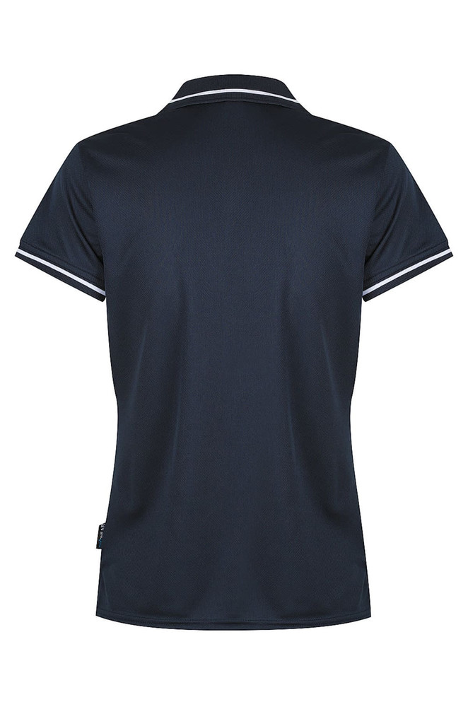 A navy polo shirt with a collar and contrasting stripes, featuring a logo on the side.