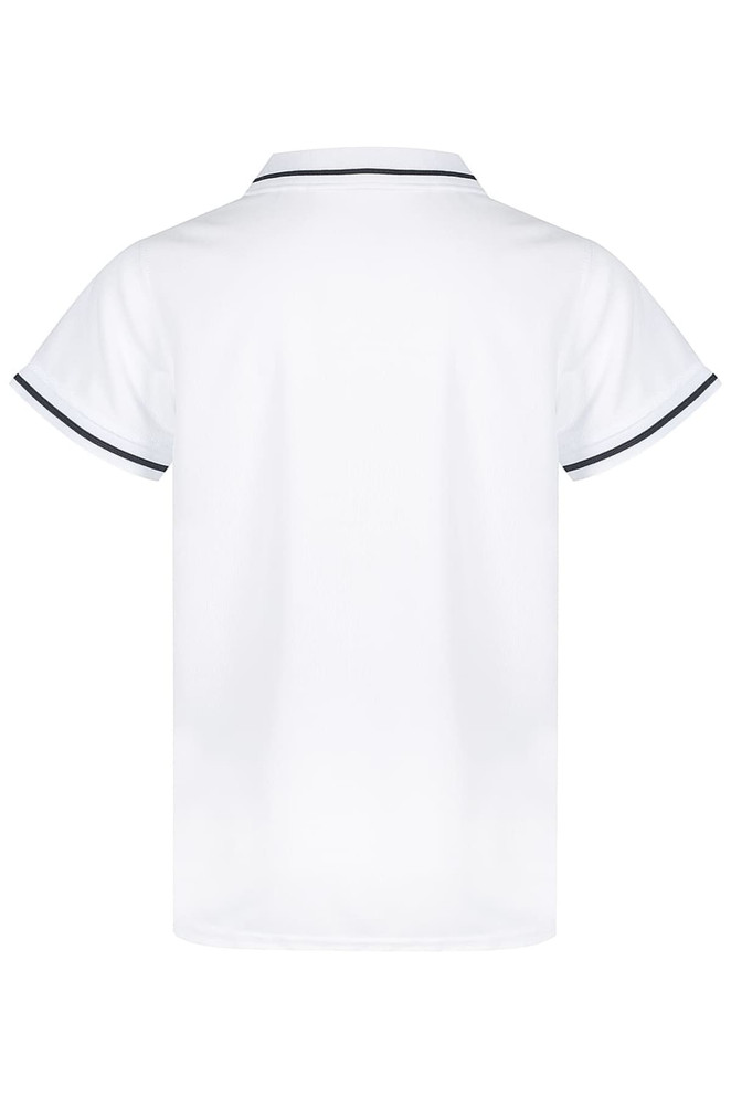 A white polo shirt featuring contrasting trim and a collar. The back view highlights its smooth design and fit.