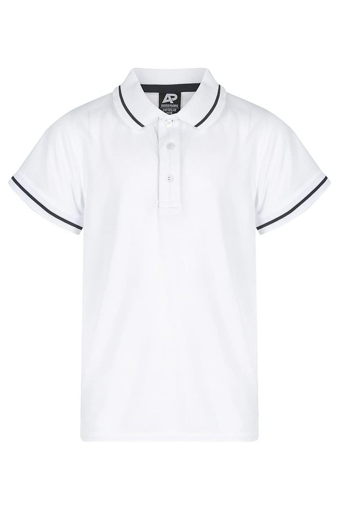 A white polo shirt featuring contrasting dark trim and a collar. It has a logo on the front.