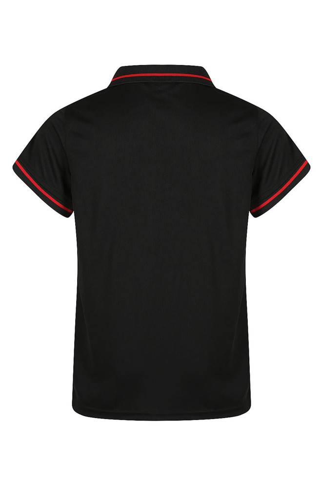 A black polo shirt for kids with red trim on the collar and sleeves; features a logo.
