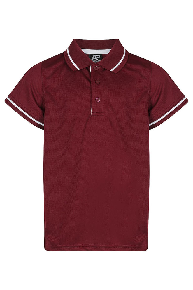 A maroon polo shirt featuring contrasting white collar and sleeve accents, with a logo on the front.