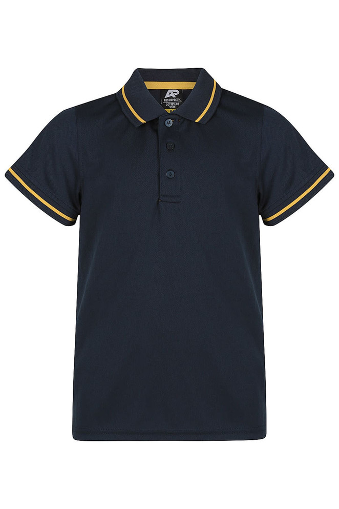 A navy polo shirt with yellow accents on the collar and sleeves, featuring a three-button placket and a logo.
