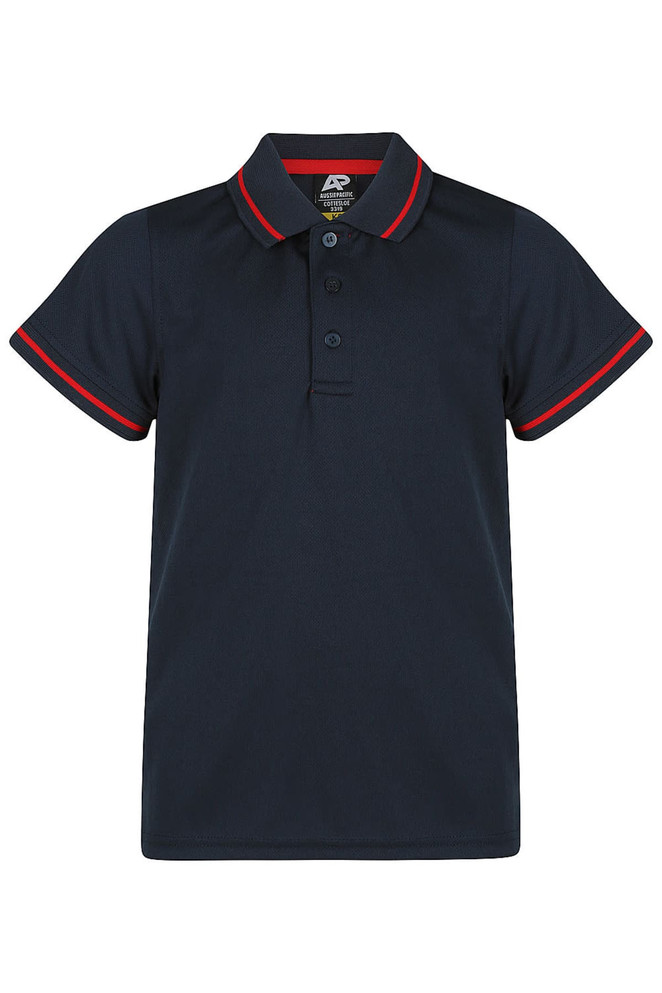A navy blue polo shirt with red contrast trim and a logo on the chest. It features a classic collar and three buttons.