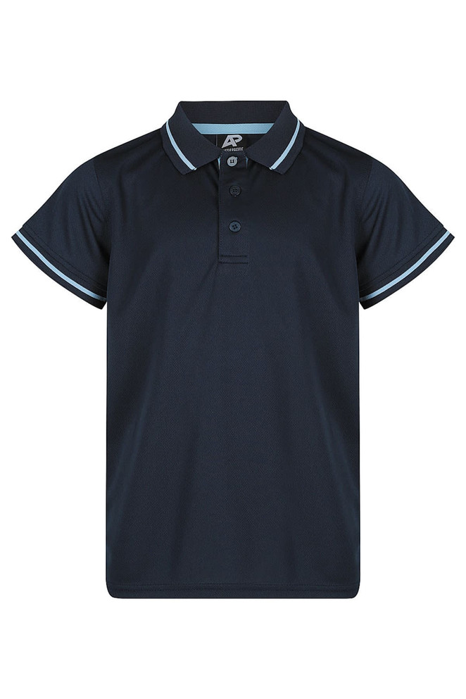 A dark navy polo shirt with light blue accents and a logo on the chest. Short sleeves and a classic collar design.