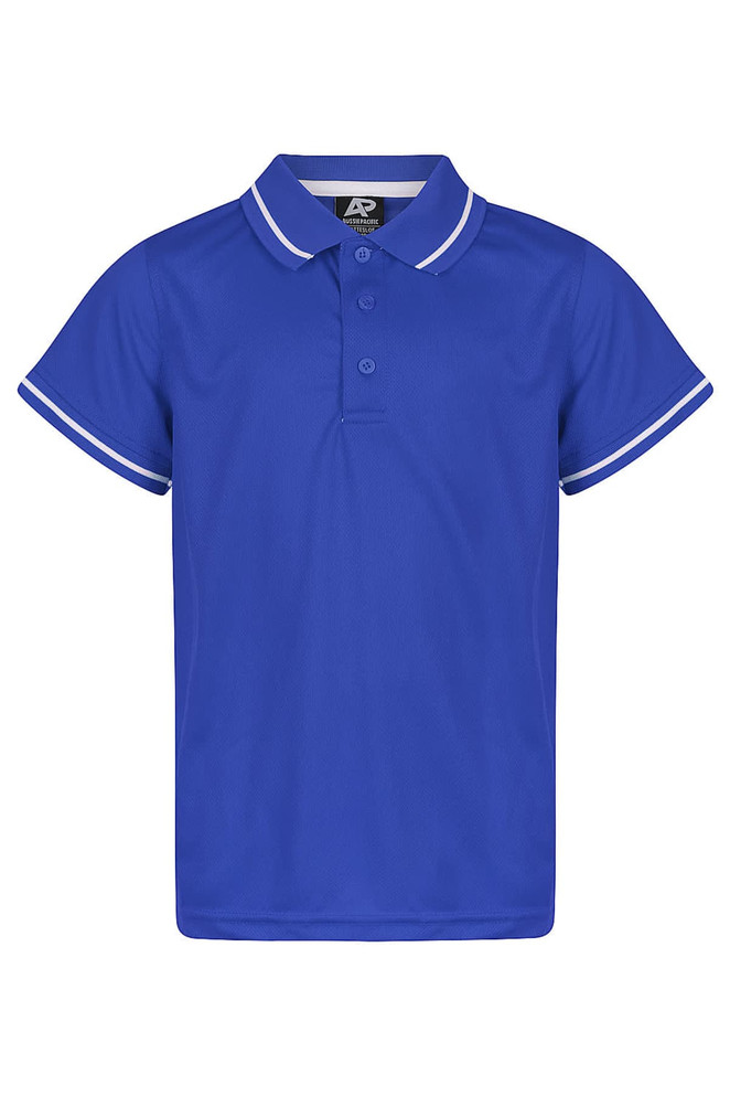 A blue polo shirt featuring a collar and matching trim, designed for kids with a logo on the label.