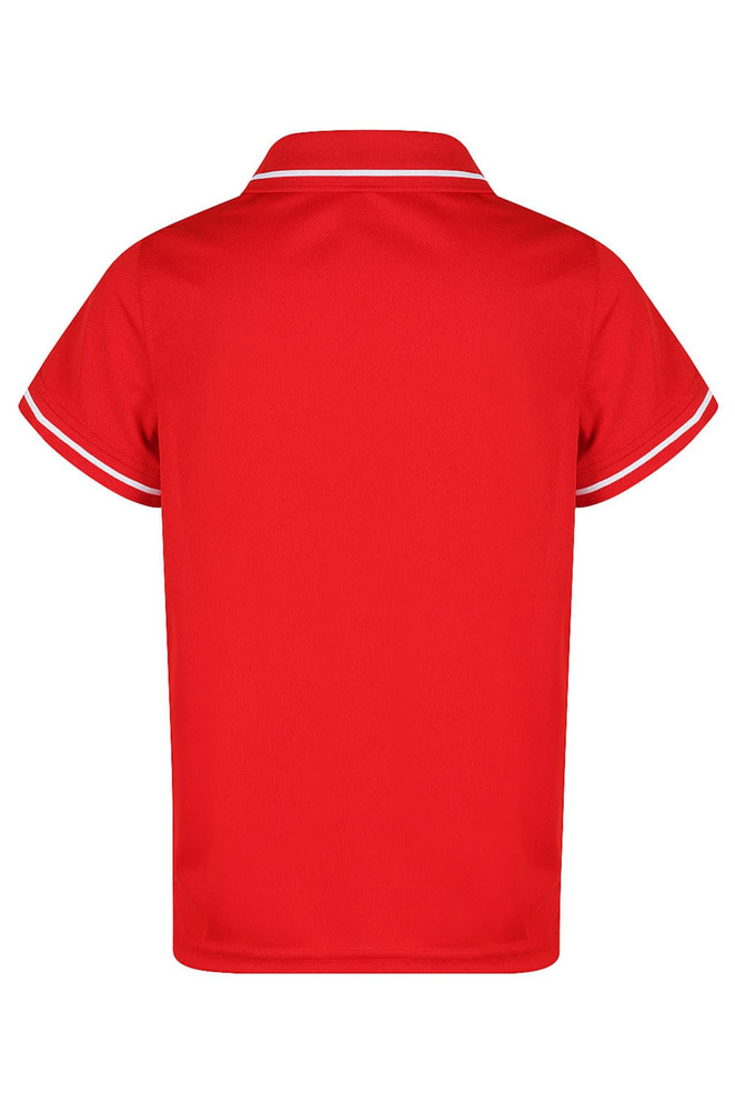 A red polo shirt with a collar and contrasting trim, featuring a logo on the back.
