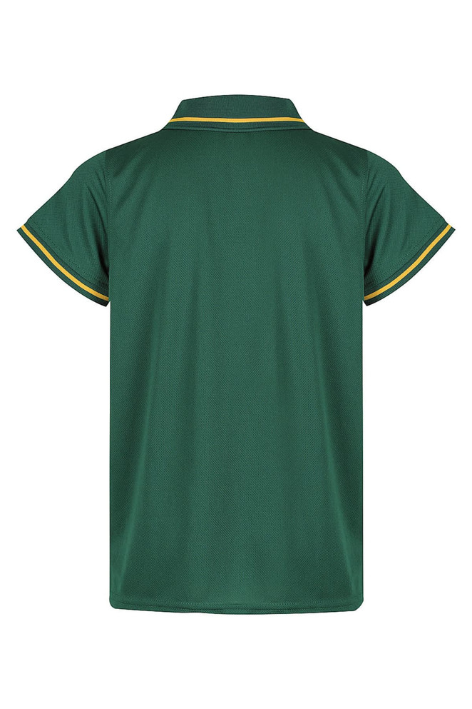 A green polo shirt with yellow and green stripes on the collar and sleeves, featuring a logo.