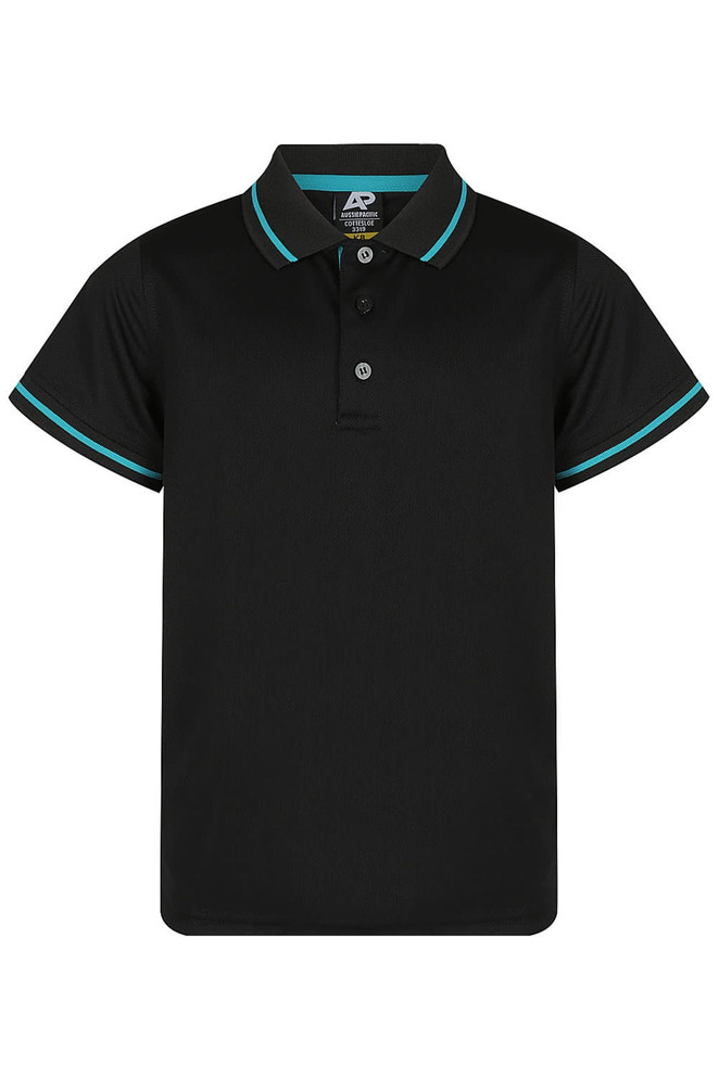 A black polo shirt with turquoise detailing on the collar and sleeves. It features a logo on the chest.
