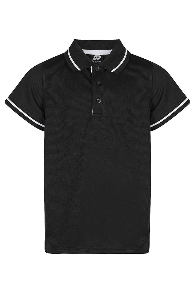 A black polo shirt for kids featuring a collar and short sleeves, with contrasting white trim and a logo.