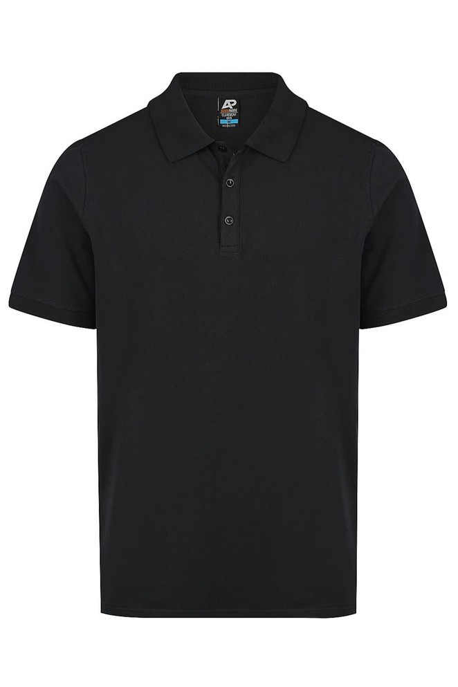 A black polo shirt with a collared neckline and three-button placket, featuring a logo on the chest.