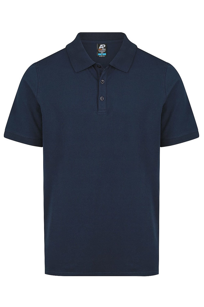 A navy polo shirt with a collar and a three-button placket. It features a logo on the label.