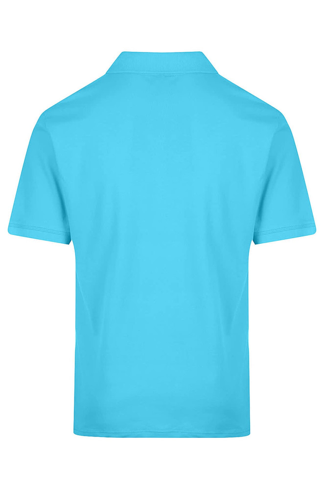 A bright turquoise polo shirt featuring a simple design and a collar, with a branding logo on the front.