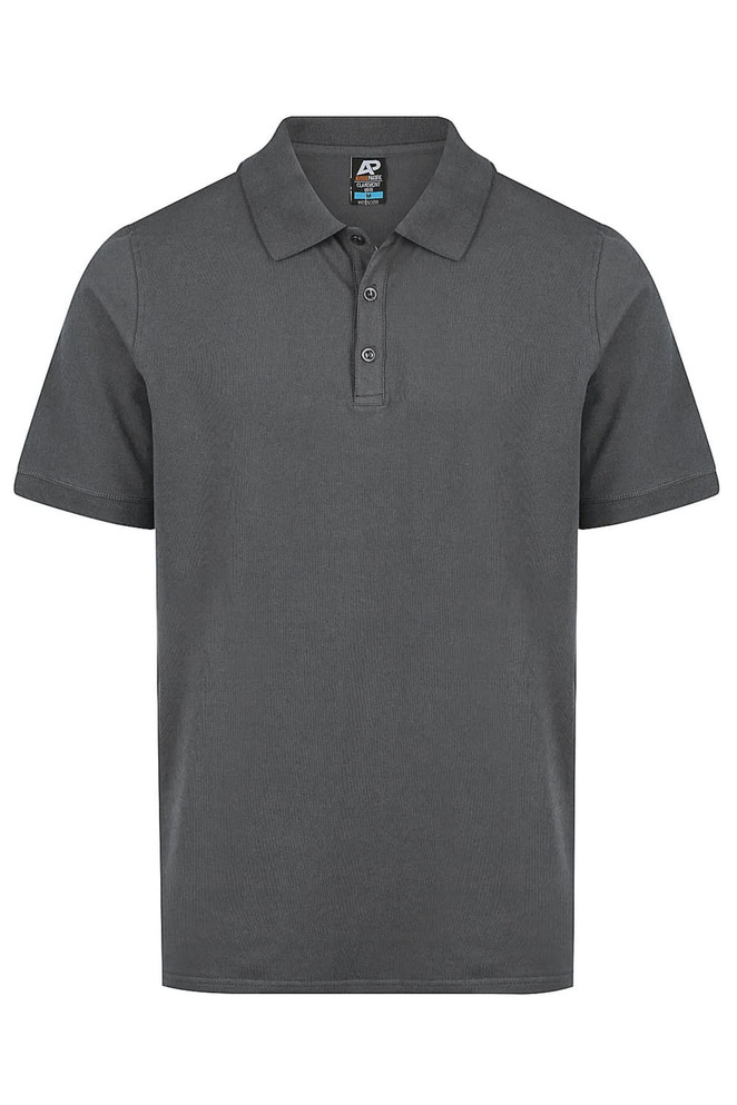 A grey polo shirt with a collar and three buttons, featuring a logo on the label.
