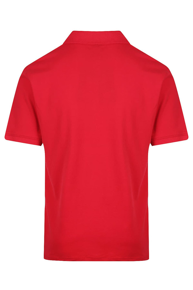 A red polo shirt featuring a collar and short sleeves, with a logo on the back.