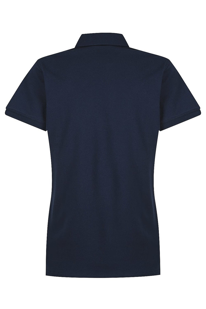 A navy blue women's polo shirt with a collar and short sleeves, featuring a logo on the front.