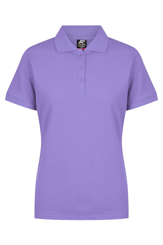 A purple polo shirt with a collar and short sleeves, featuring a branded tag.