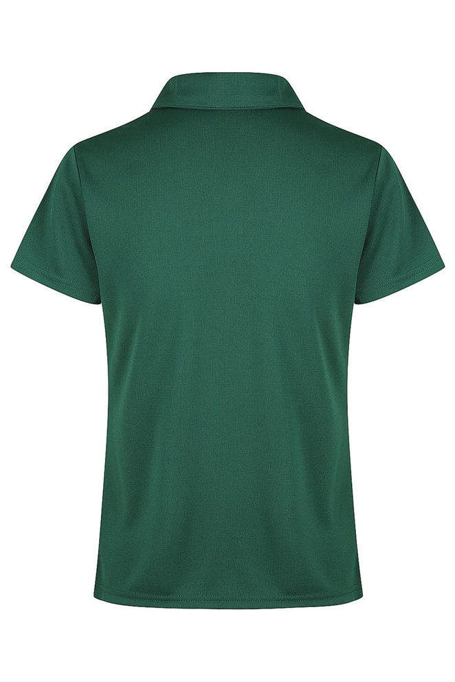 A green polo shirt featuring a collar, designed without visible logos or text, showcasing a smooth fabric texture.