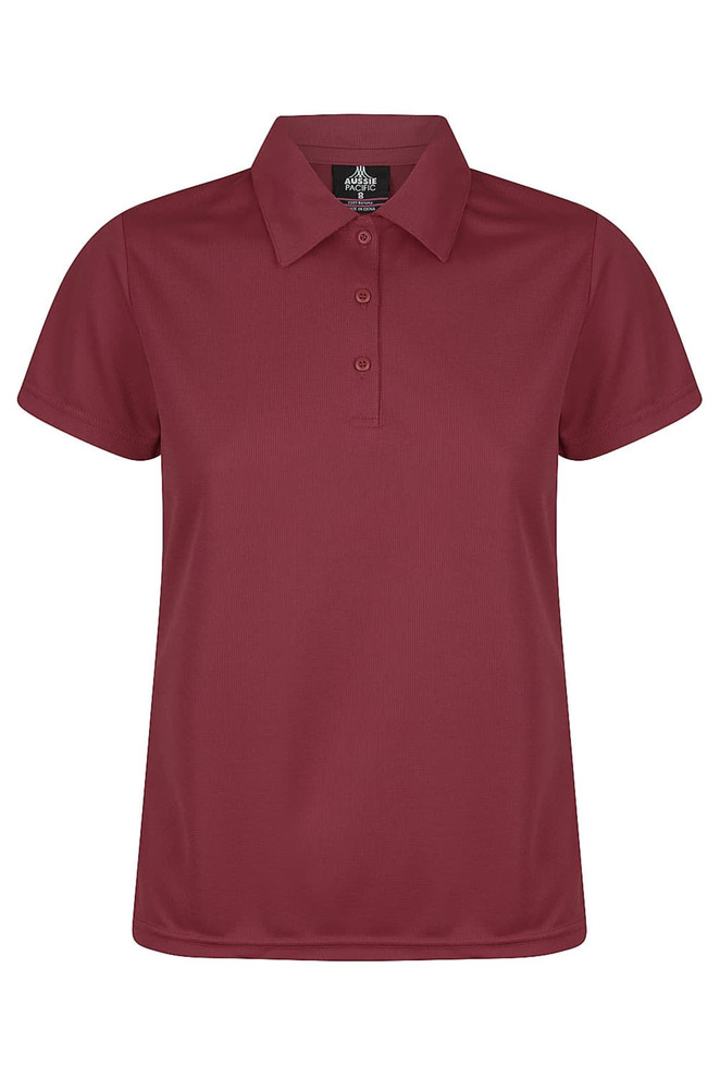 A burgundy polo shirt with a collared neckline and button placket, featuring a small logo on the chest.