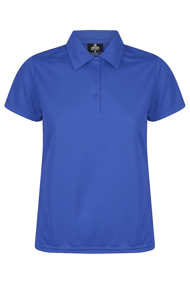A blue polo shirt with a collar and three buttons, featuring a logo on the tag inside.