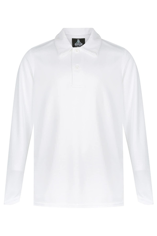 A long-sleeved white polo shirt featuring a collar and a buttoned placket. It includes a logo on the upper side.