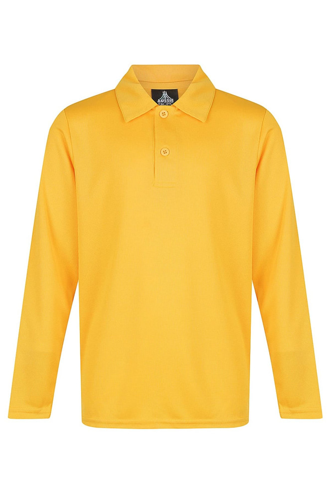 A long-sleeved polo shirt in bright yellow, featuring a collar and button placket, with a logo on the label.