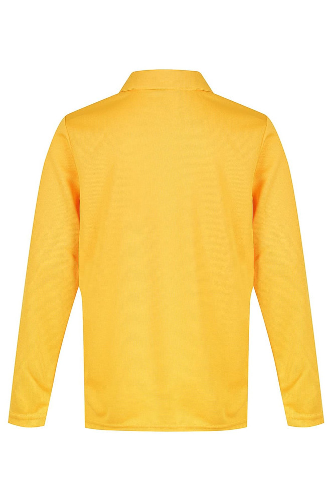 A bright yellow long-sleeved polo shirt with a collar, featuring a brand logo.