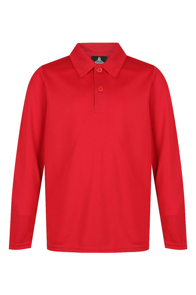 A red long-sleeve polo shirt with a collar and three buttons, featuring a logo on the front.