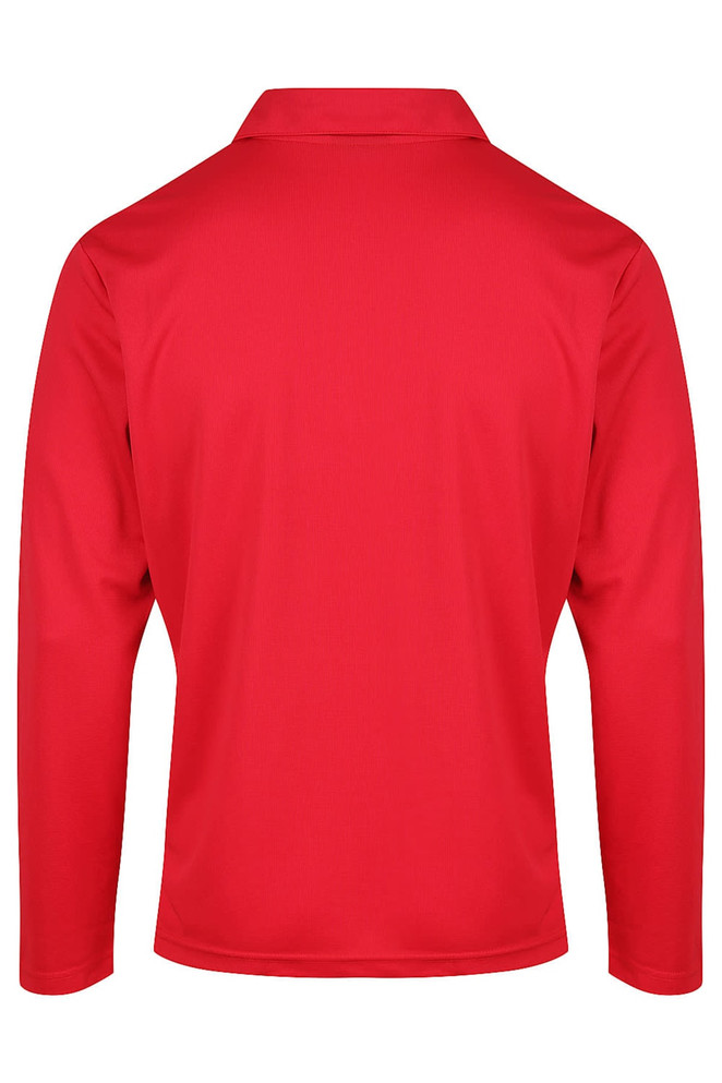 A red long-sleeve polo shirt with a collar, featuring a plain design and a branding logo on the side.