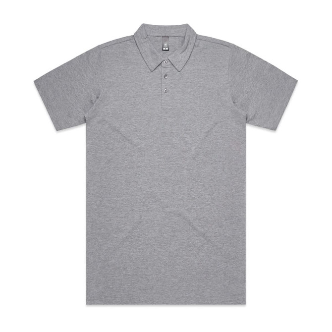 A grey polo shirt with a collar, featuring three buttons and a logo on the chest.