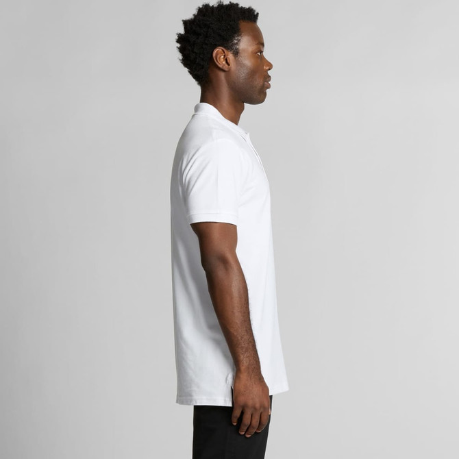 A white polo shirt displayed on a model from the side, featuring a logo on the chest.