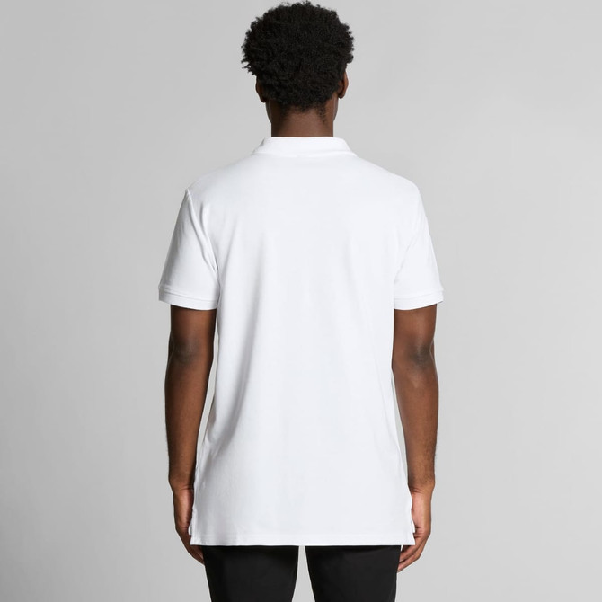 A white polo shirt featuring a classic collar and a logo on the back.