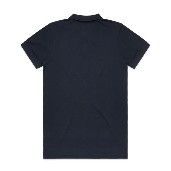 A dark navy polo shirt with a classic collar and short sleeves, featuring a branding logo.