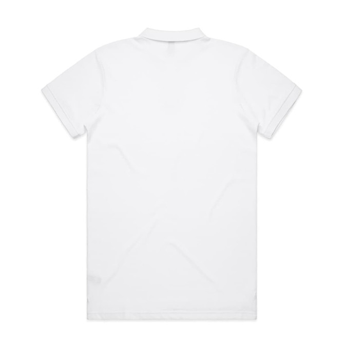A plain white polo shirt featuring a collar and short sleeves, with a branding logo on the back.