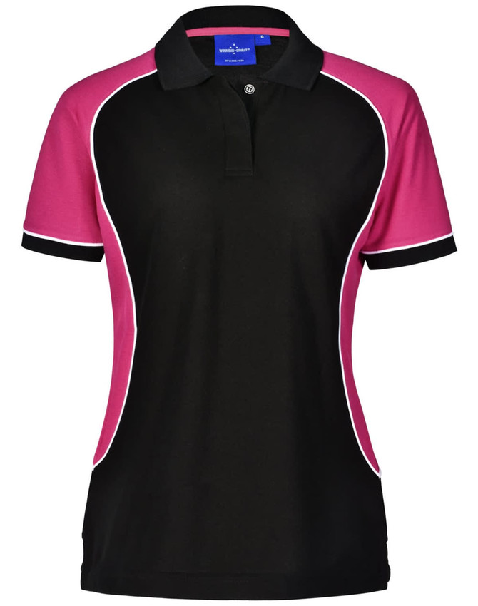 A women's short-sleeve pique polo shirt in black with pink and white detailing, featuring a collar and a logo.