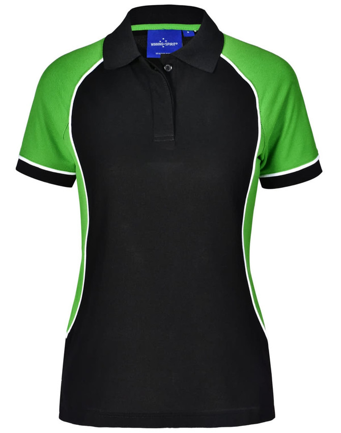 A women's polo shirt featuring a black body with green sleeves and white detailing. It has a collar and a logo.