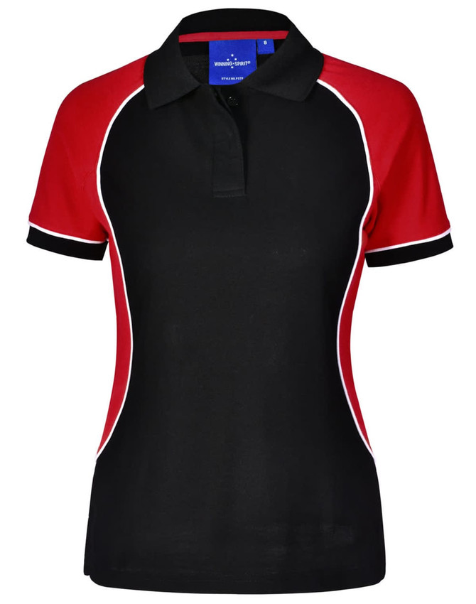 A black and red tri-colour polo shirt with short sleeves and a collar, featuring a logo.