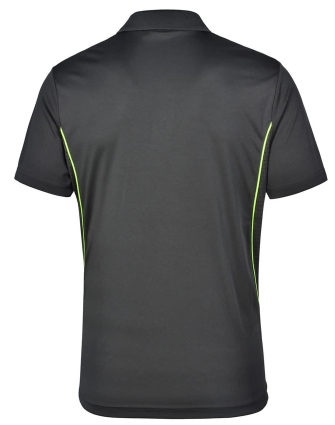 A black polo shirt with contrast green piping and a logo on the back. Suitable for casual or sport wear.