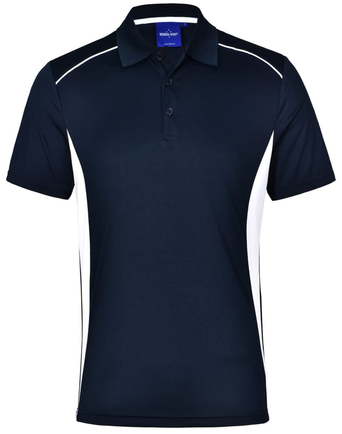 A navy blue polo shirt with white contrast panels and a collar, featuring a logo on the chest.