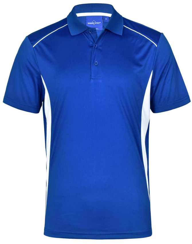 A blue polo shirt featuring white contrast panels and a collar. It has a logo on the front.