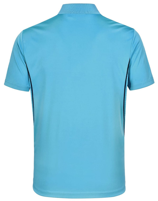A blue polyester polo shirt featuring short sleeves and a sleek design with contrast detailing and a logo.