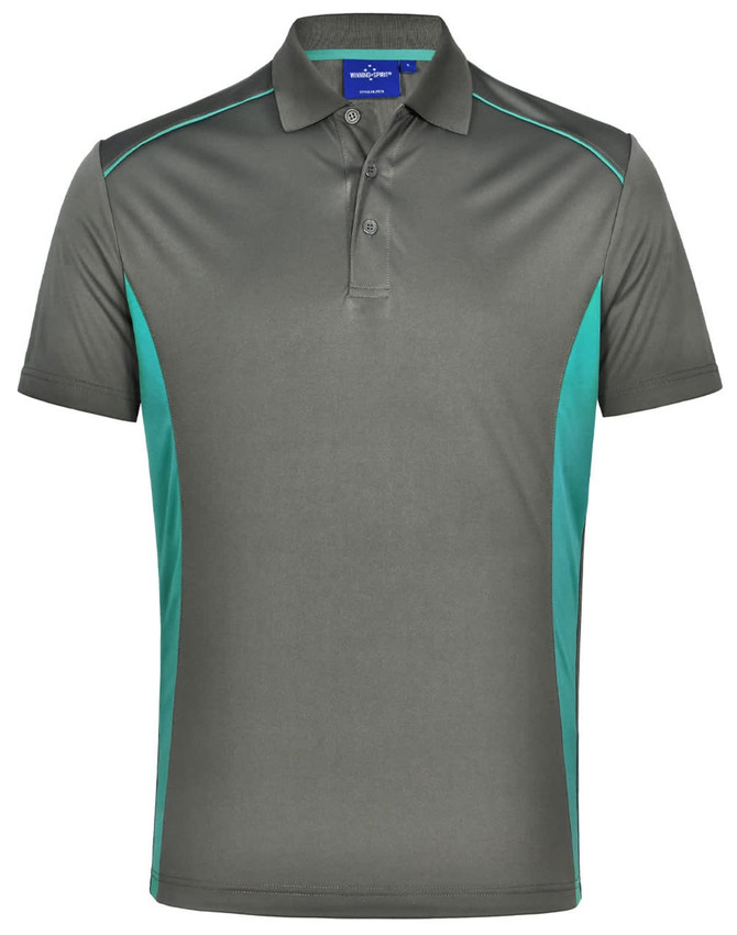 A short-sleeved polo shirt in grey with contrasting teal panels and a collar. Includes a branding logo.