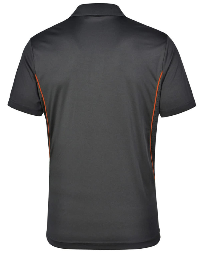 A men's short sleeve polo shirt in charcoal grey with orange contrast detailing. Features a logo on the back.