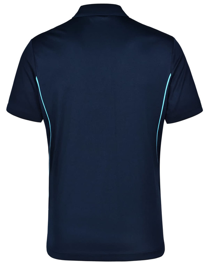 A navy blue men's polo shirt featuring contrast detailing and a logo. The shirt has a short-sleeve design.