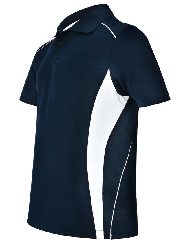 A navy polo shirt with white contrast panels and a logo. Features short sleeves and a classic collar.