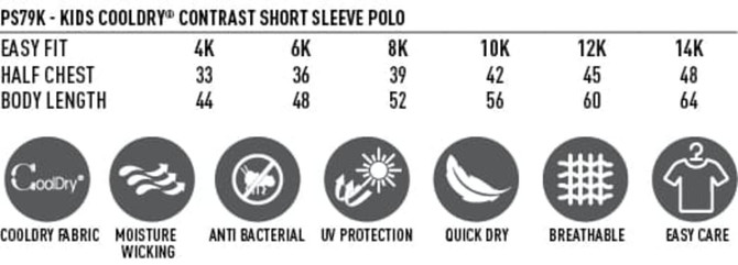A Kids' Cooldry S/S Contrast Interlock Polo in various sizes, featuring easy care fabric and a logo.