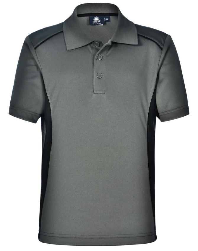 A grey kids' polo shirt with black contrast panels and a collar, featuring a logo on the upper area.