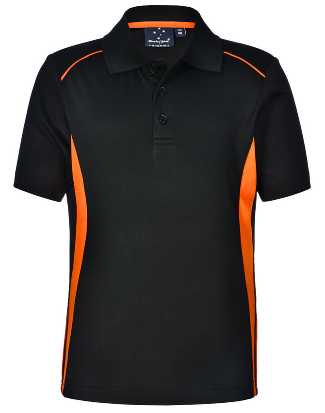 A black polo shirt with orange contrast panels, featuring a collar and button placket. It has a logo on the label.
