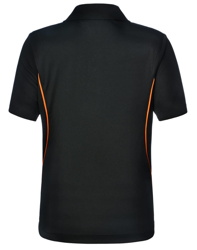 A black polo shirt with orange contrast piping and a logo on the chest. Suitable for kids.