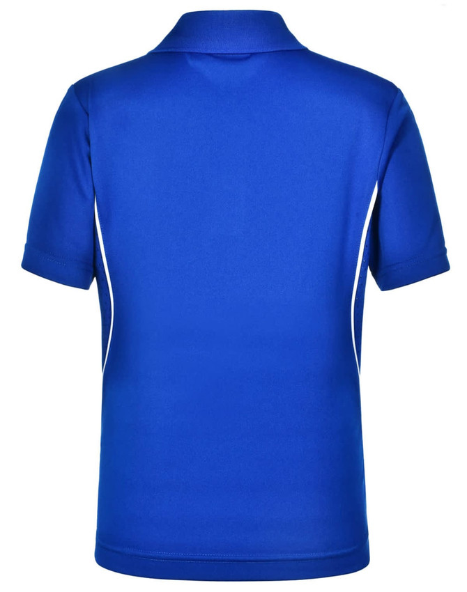 A blue Kids' Cooldry S/S Contrast Interlock Polo shirt featuring white piping and a logo on the back.