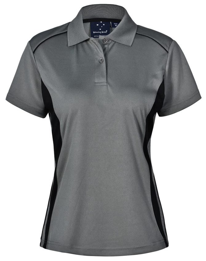 A grey ladies' polo shirt with contrast black sides and a collar, featuring a logo on the chest.